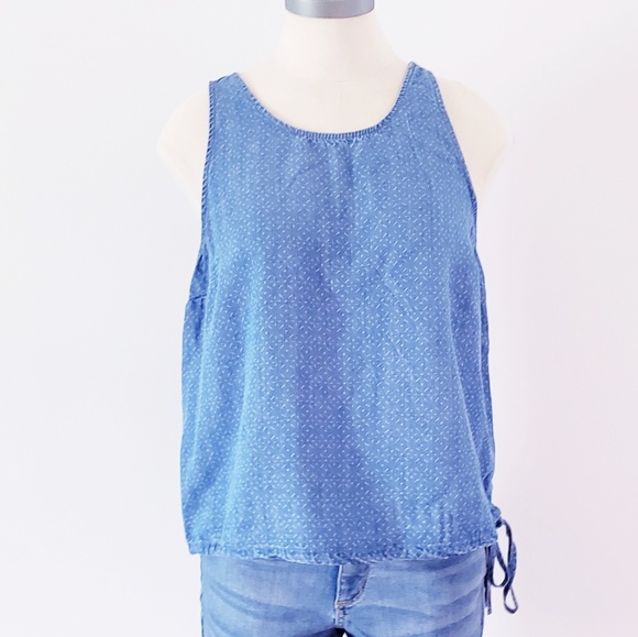 Women's chambray denim drawstring tan top shirt - Picture 2 of 4